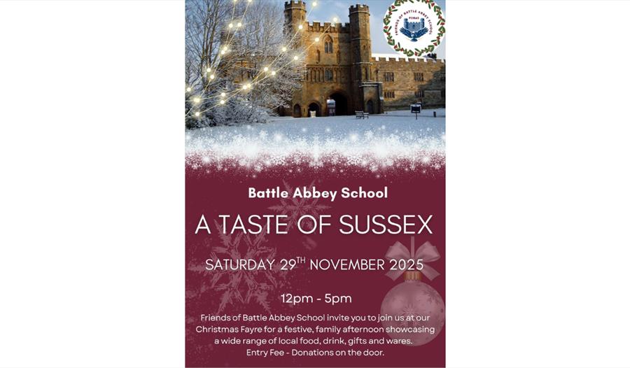 A festive event poster for Battle Abbey School’s Christmas Fayre. The top half shows a winter scene with Battle Abbey’s historic stone building in the