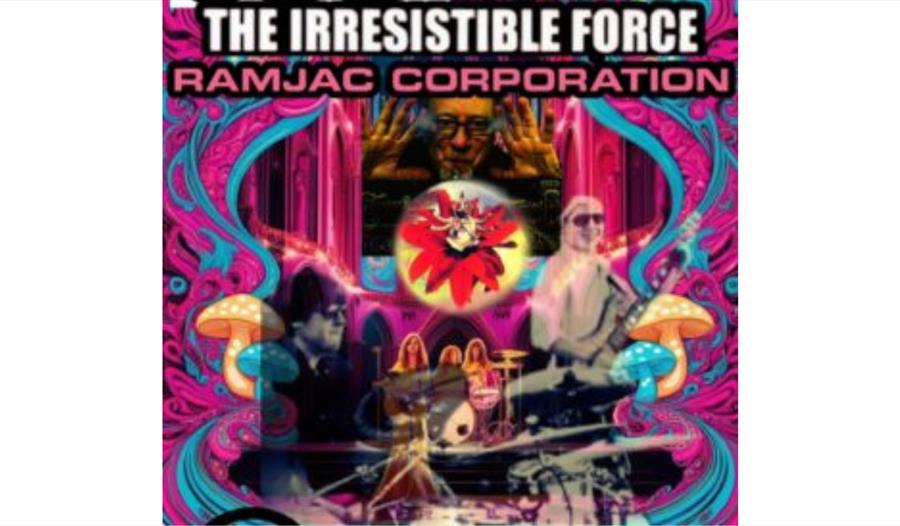 A vibrant, psychedelic-style event poster with swirling pink and blue patterns framing the design. At the top, bold white text reads “THE IRRESISTIBLE