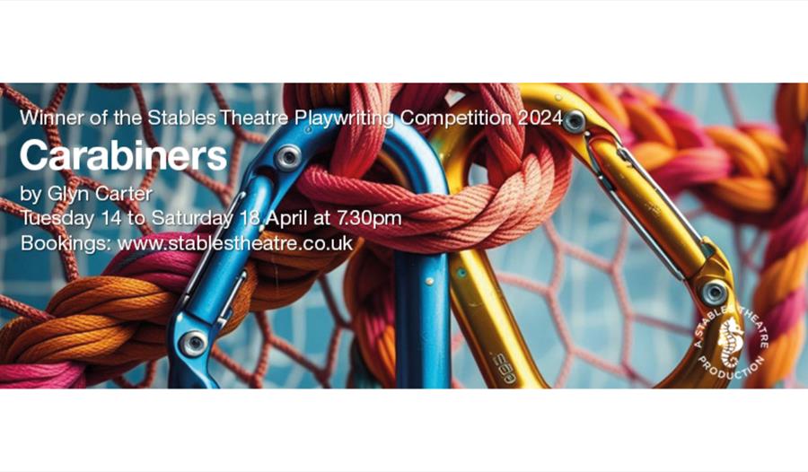 Poster for ‘Carabiners’ featuring colourful climbing ropes and carabiners, with play dates and booking details.