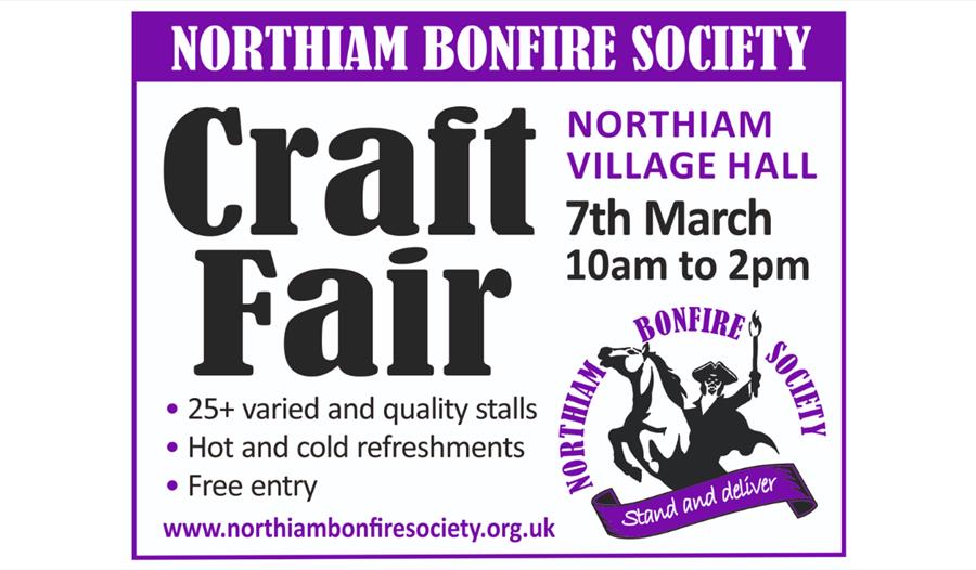 Poster for Northiam Bonfire Society Craft Fair with event details, date, time, and logo featuring a rider with a torch.