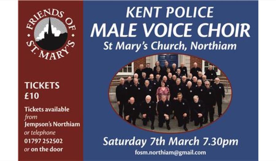 Poster for Kent Police Male Voice Choir concert at St Mary’s Church, Northiam, with group photo and event details.
