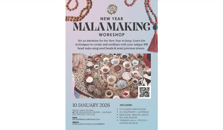 Poster for New Year Mala Making Workshop on 10 Jan 2026 in Hastings with beads and event details.