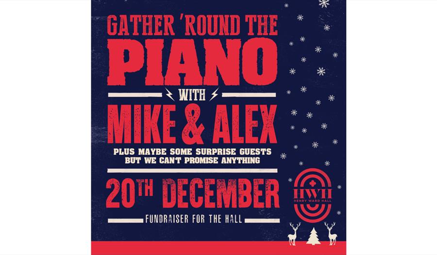 A festive event poster with a dark blue background decorated with small white snowflakes and silhouettes of two reindeer and a Christmas tree at the b