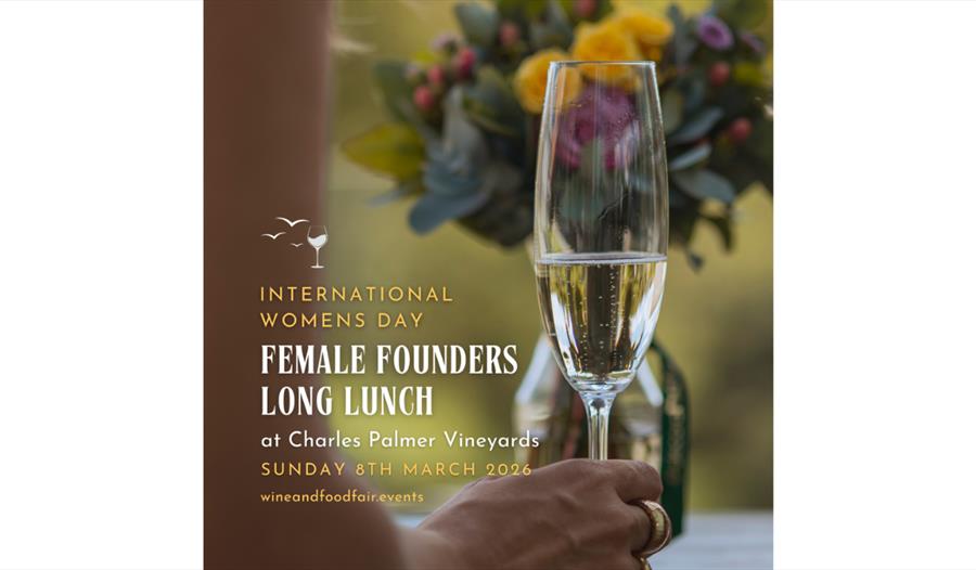 Poster for a Female Founders Long Lunch at Charles Palmer Vineyards with a hand holding a glass of sparkling wine.