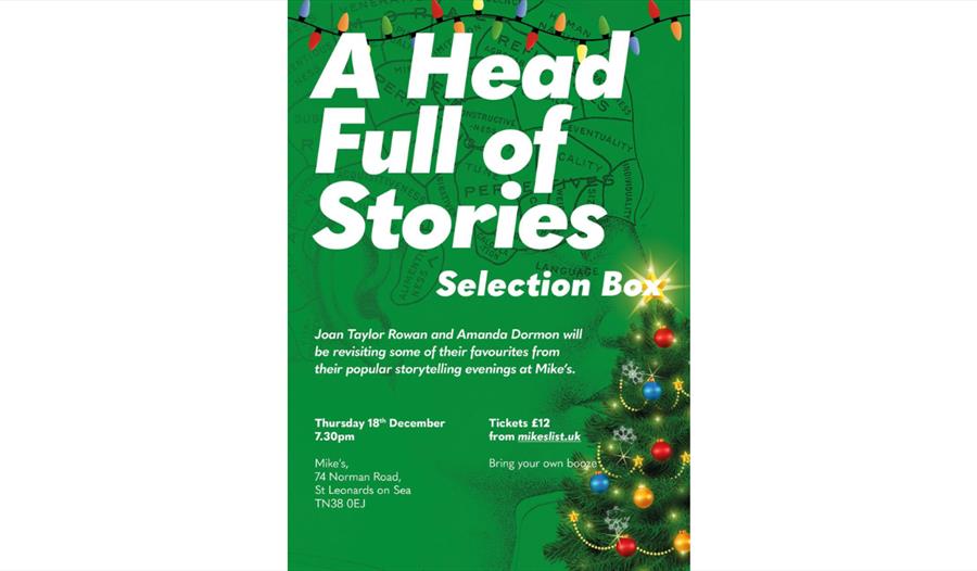 Poster titled 'A Head Full of Stories Selection Box' with event details and a decorated Christmas tree.