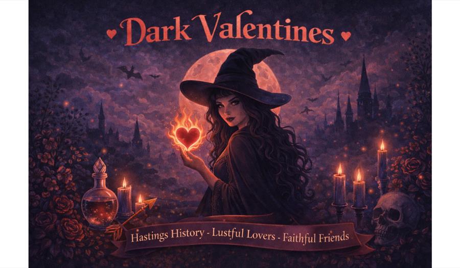 Witch holding a glowing heart with candles, roses and a gothic city behind her, titled Dark Valentines.