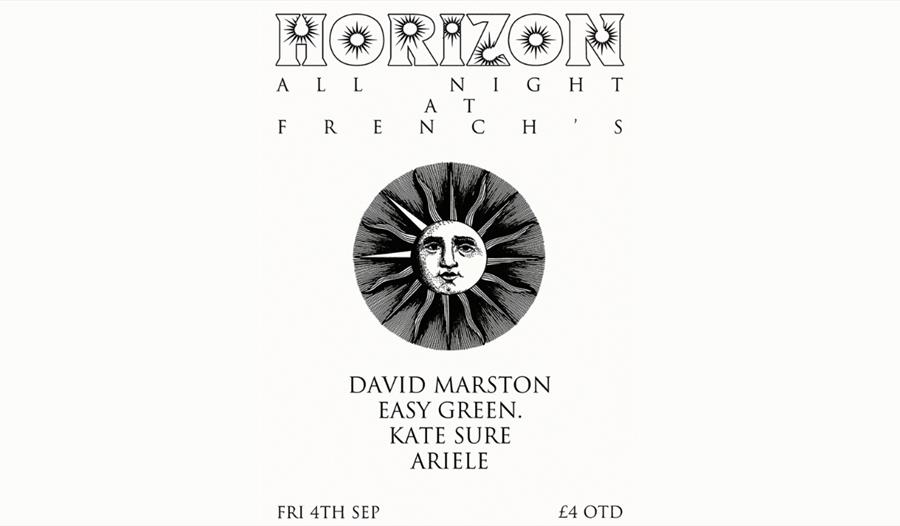 Poster for Horizon at The Crown, Hastings, featuring a vintage sun illustration and live music line-up on 4 September.