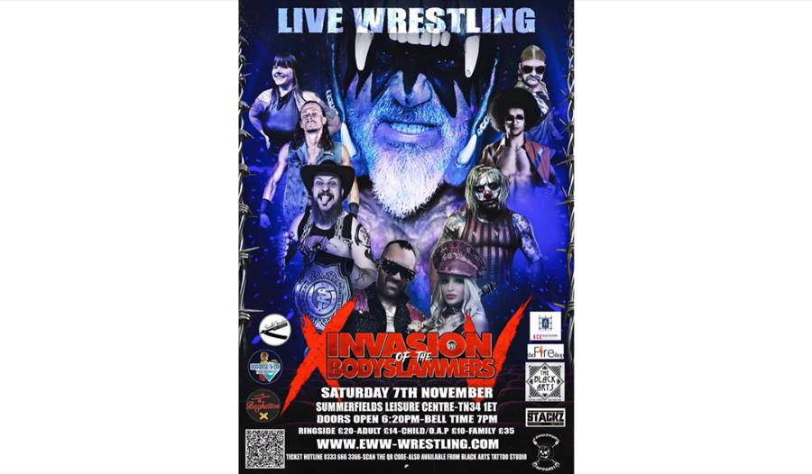 Live wrestling poster featuring multiple wrestlers and event details for Invasion of the Bodyslammers, 7 November.