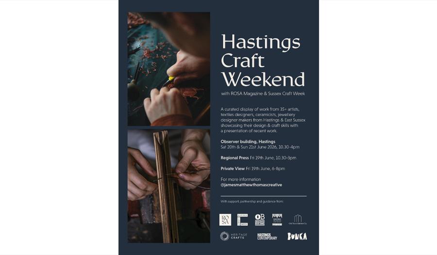 Poster for Hastings Craft Weekend, showing hands carving and binding materials, with event dates and venues listed.