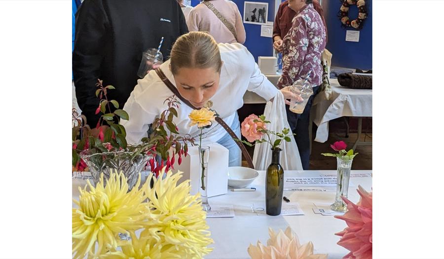 Visitor smelling a flower display at the Rye Flower and Veg Show, with colourful blooms exhibited on judging tables.