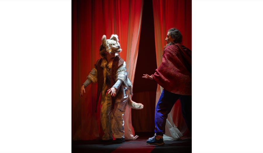 Stage scene from Red and the Wolf, showing a performer in a wolf costume facing another performer before red curtains.