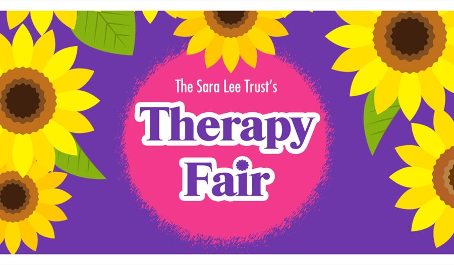 Poster for Sara Lee Trust Therapy Fair with bright sunflowers on purple background and bold pink title.