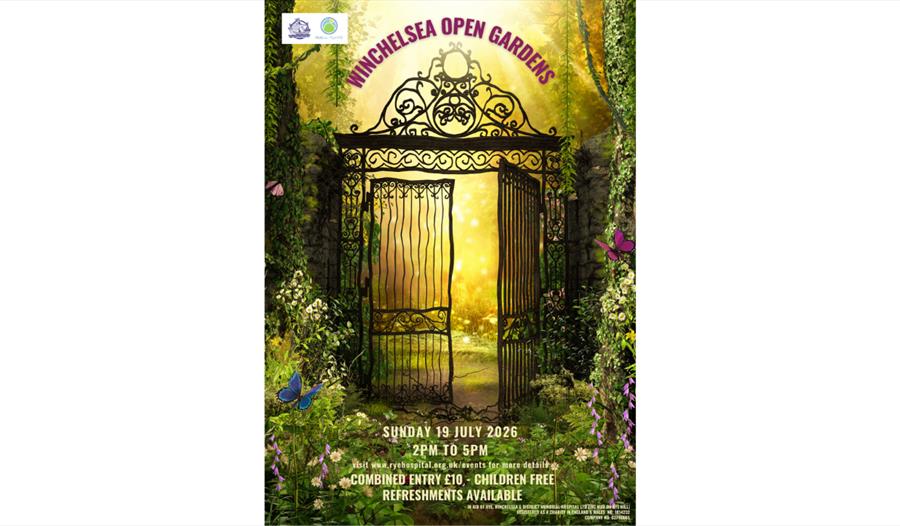 Poster for Winchelsea Open Gardens featuring ornate garden gates opening onto a sunlit pathway.