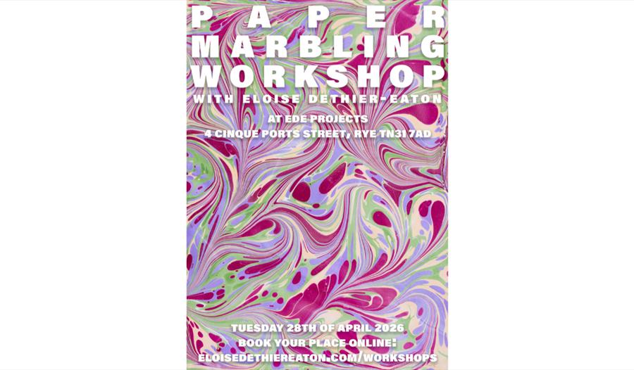 Poster with colourful marbled paper design advertising a paper marbling workshop in Rye on Tuesday 28 April 2026.