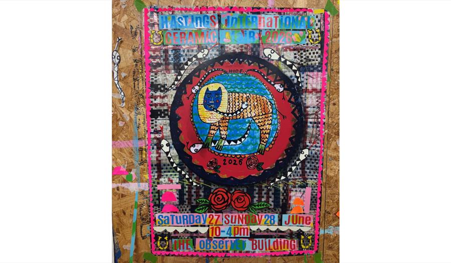 Handmade-style poster for Hastings International Ceramic Fair 2026, with colourful animal design, snakes and collage background, dates and venue liste