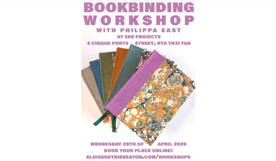 Poster advertising a bookbinding workshop with colourful handmade notebooks, taking place in Rye on Wednesday 29 April 2026.