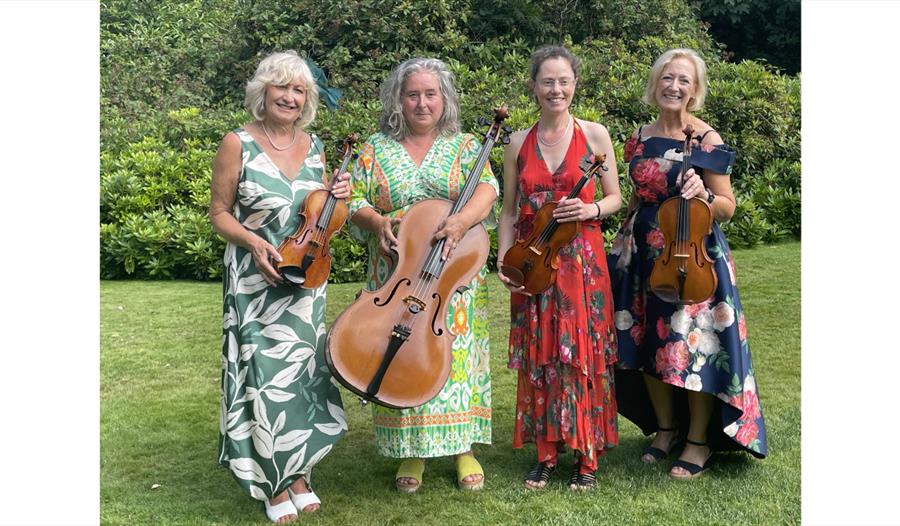 The Cuckmere String Quartet standing in a garden, holding violins and a cello, dressed in colourful formal outfits.