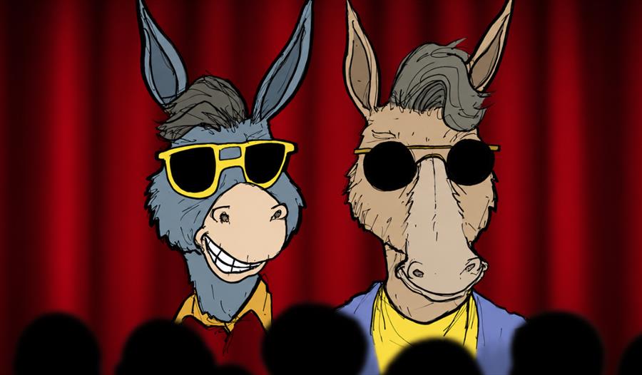 Cartoon donkeys in sunglasses on stage before red curtain and audience silhouettes, promoting improv at the Stables Theatre.