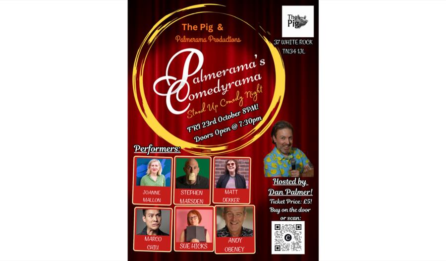 Promotional poster for a stand-up comedy night featuring six comedians, hosted by Dan Palmer at The Pig.