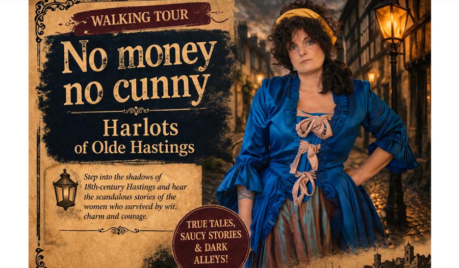 Poster for No Money No Cunny: Harlots of Olde Hastings walking tour, featuring a costumed figure in a historic street.