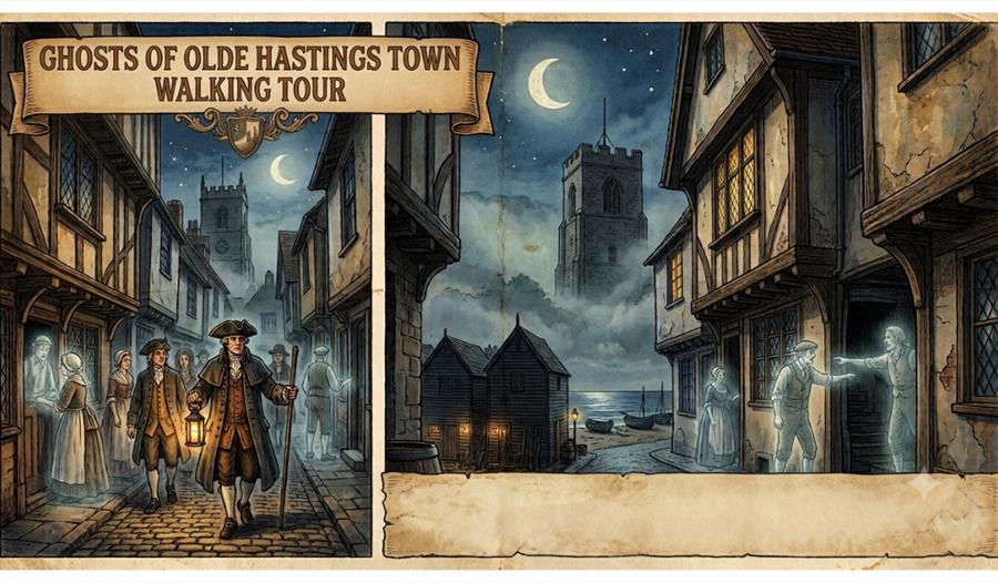 Ghostly figures and lantern-lit guide walk through Old Hastings Town's medieval streets under a moonlit sky.