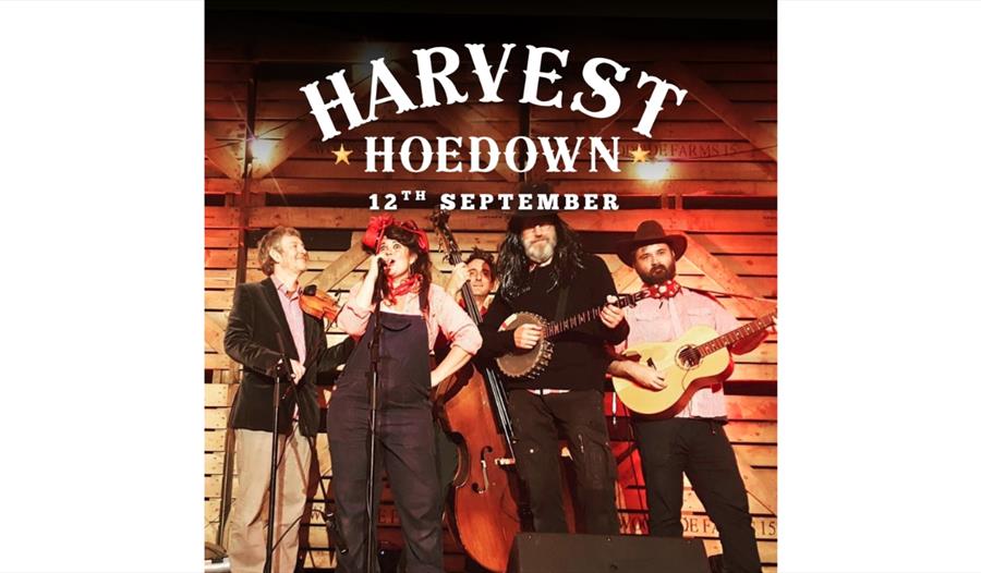 Poster for Harvest Hoedown on 12 September, featuring a live folk and country band performing on a rustic wooden stage.