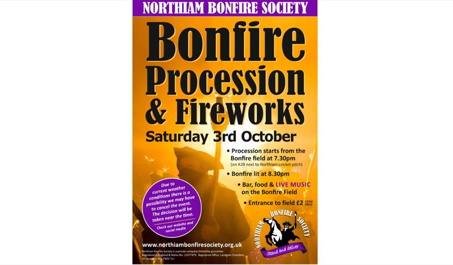 Poster for Northiam Bonfire Society procession and fireworks event, featuring torchlit parade, bonfire and live music.