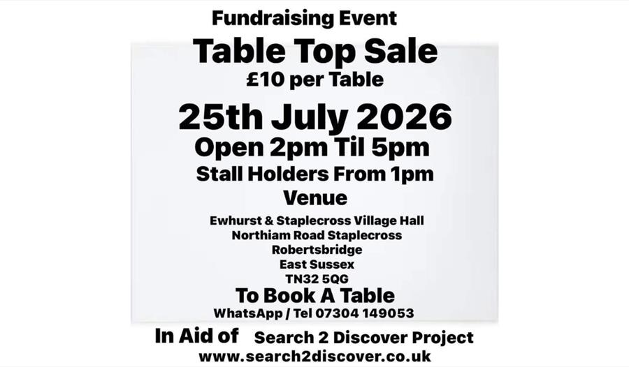 Fundraising event poster for a tabletop sale on 25 July 2026 at Ewhurst & Staplecross Village Hall, East Sussex.