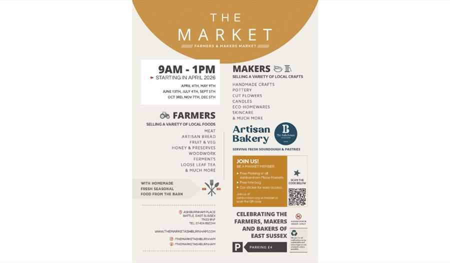 Poster for “The Market” farmers & makers market, 9am-1pm from April 2026 at Ashburnham Place, listing local food, crafts, and dates.