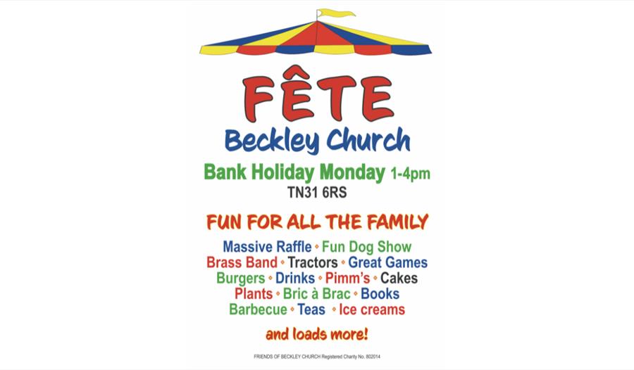 Beckley Church fête poster advertising Bank Holiday Monday family fun, raffle, dog show, games, food and live music.