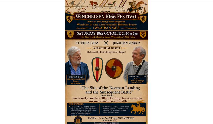 Poster for Winchelsea 1066 Festival historical debate on the Norman landing, 10 October 2026, featuring two speakers.