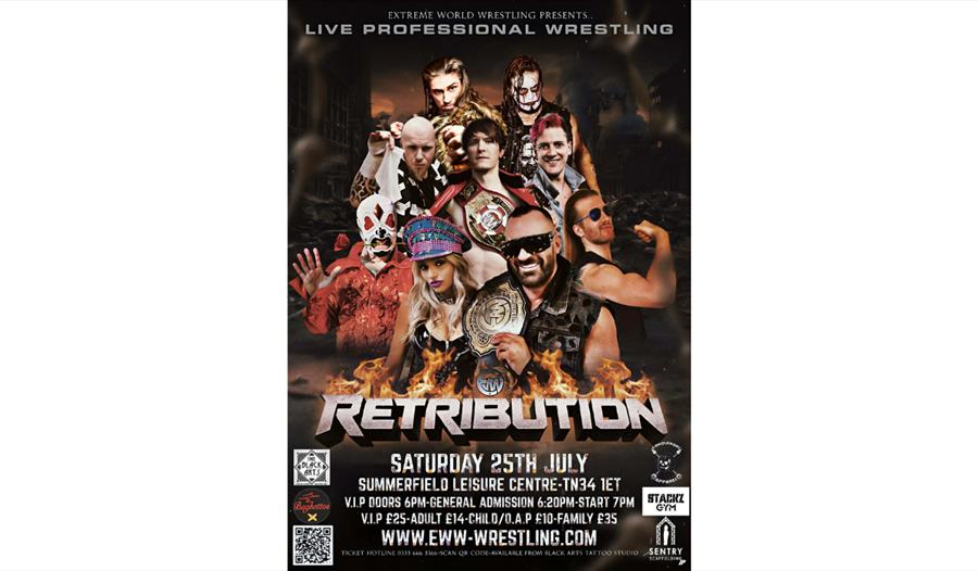 Poster for EWW Retribution live professional wrestling at Summerfield Leisure Centre on Saturday 25 July.