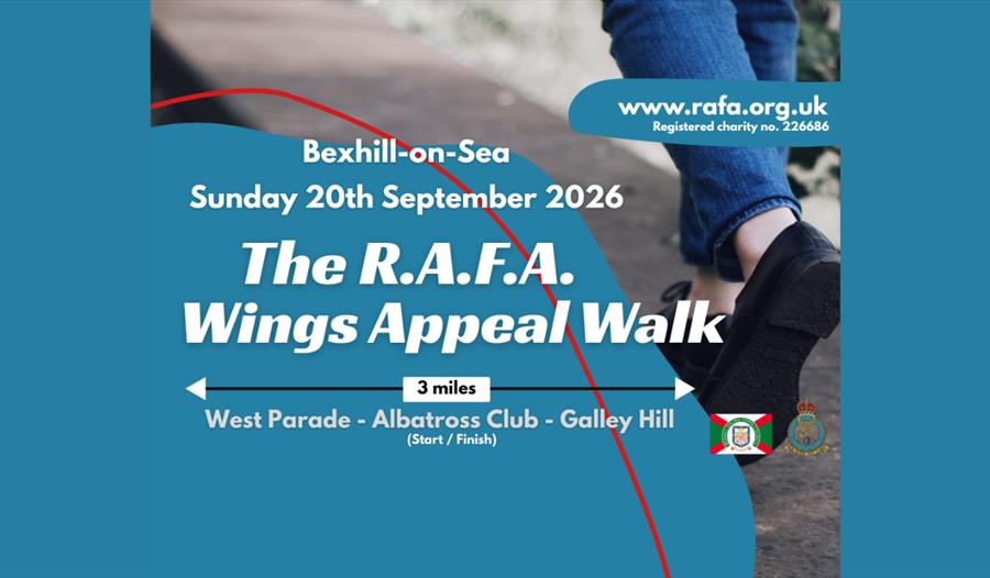 Promotional poster for the R.A.F.A. Wings Appeal Walk in Bexhill-on-Sea, a 3-mile charity walk on 20 September 2026.