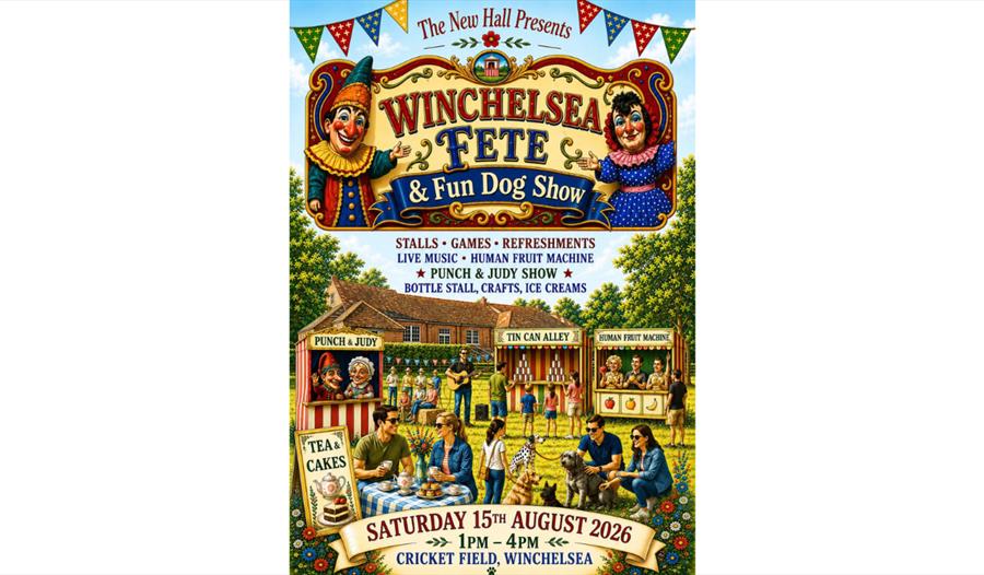 Illustrated poster for Winchelsea Fete & Fun Dog Show with stalls, games, live music, dogs and family activities.