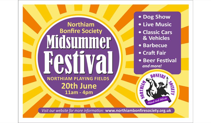 Poster for Northiam Bonfire Society Midsummer Festival, with sunburst design and event details for 20th June, 11am–4pm.