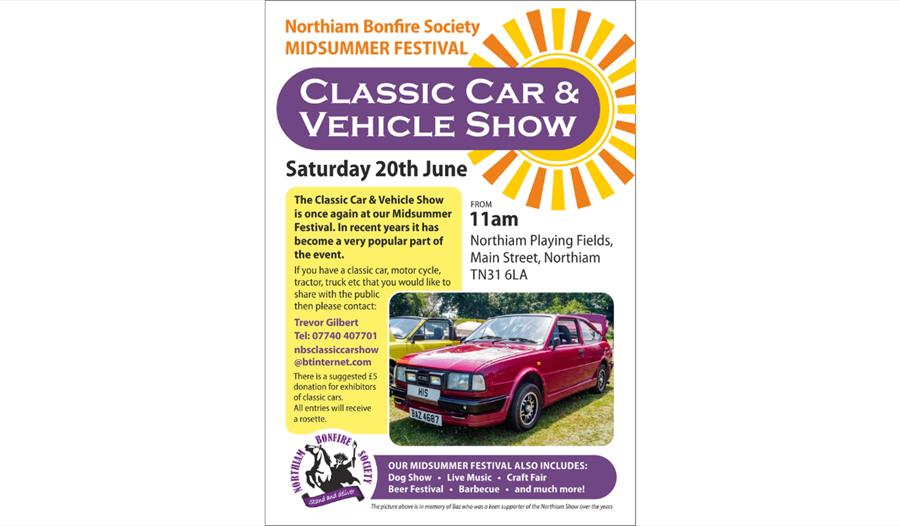 Poster for Northiam Bonfire Society Classic Car and Vehicle Show at the Midsummer Festival, with event details and a photo of a red classic car.