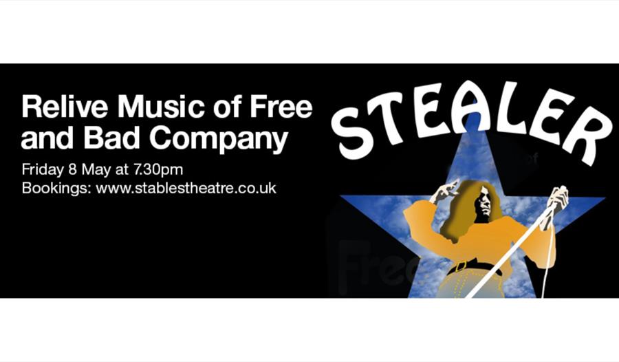 Poster promoting “Stealer” tribute show, featuring a singer silhouette in a star with text about Free and Bad Company.