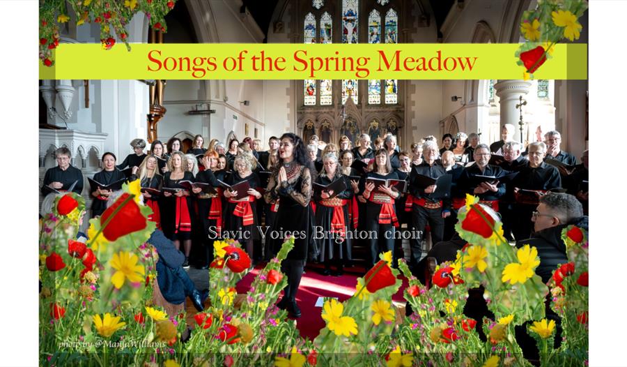 Choir performing in a church for ‘Songs of the Spring Meadow’, with singers holding music and floral graphics framing the scene.