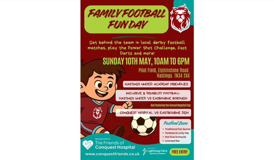 Poster advertising a Family Football Fun Day in Hastings, with a cartoon footballer, match details and free family activities.
