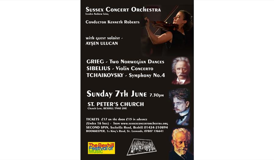Concert poster for Sussex Concert Orchestra featuring a violin soloist, programme details and performance at St Peter’s Church.