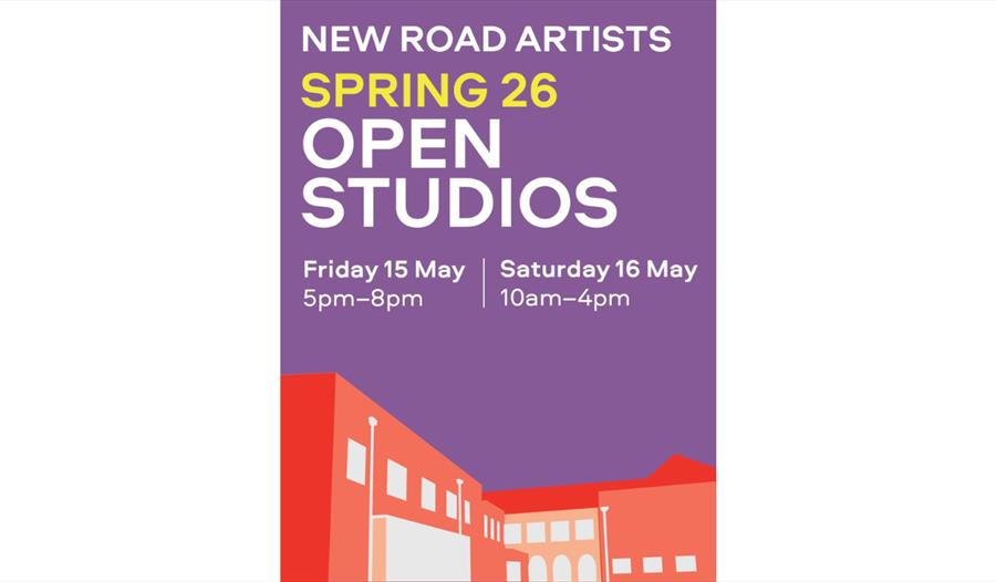Poster for New Road Artists Spring 26 Open Studios, with dates and times, set over an illustrated red building on a purple background.