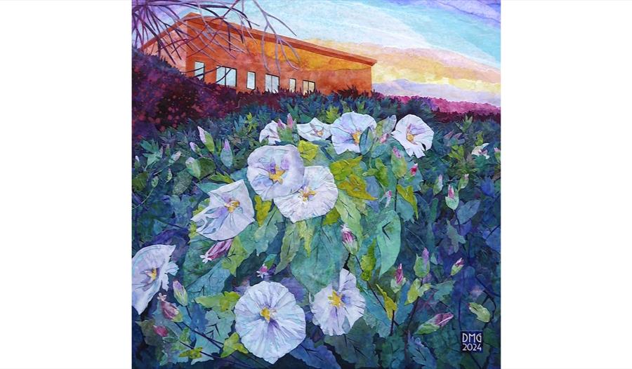 Collage artwork of white flowers in a lush landscape with a red building and layered sky, from Rock Paper Scissors: Local Landscapes.