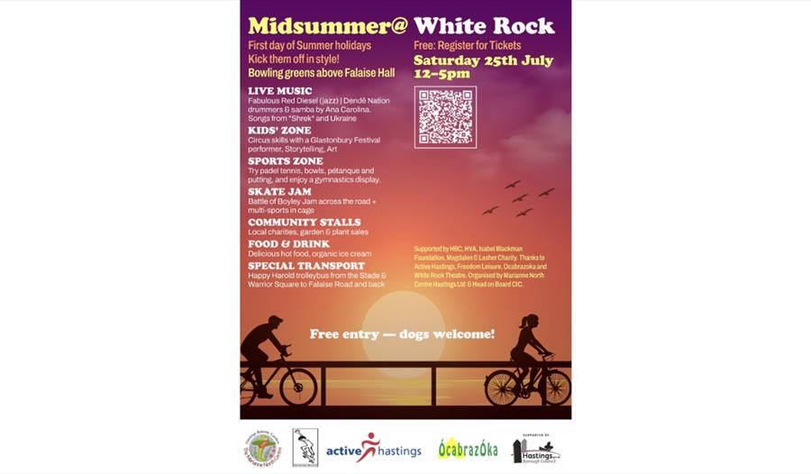 Midsummer@ White Rock community event poster featuring live music, sports, stalls and food on 25 July, 12 to 5pm.