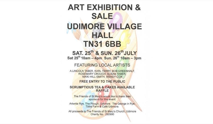 Poster for art exhibition and sale at Udimore Village Hall, 25–26 July, featuring local artists, free entry, tea, cakes and raffle.