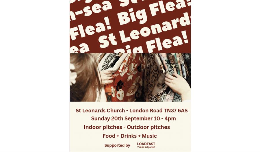Poster for St Leonards Flea Market, 20 September, with vintage clothing, indoor and outdoor stalls, food, drinks and music.