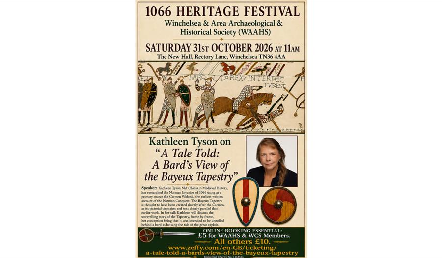 Poster for a 1066 Heritage Festival talk, A Tale Told: A Bard's View of the Bayeux Tapestry, in Winchelsea