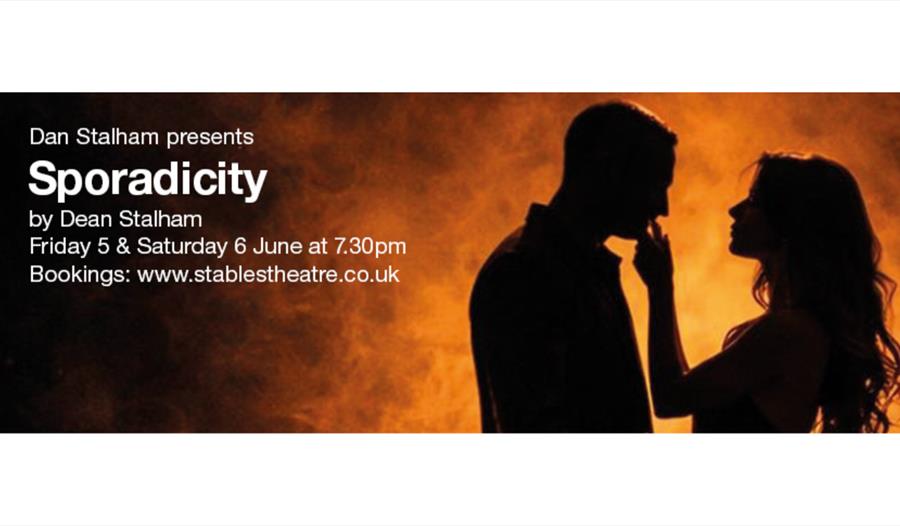 Poster for Sporadicity by Dean Stalham, showing two silhouetted figures facing each other against a smoky, amber-lit background.