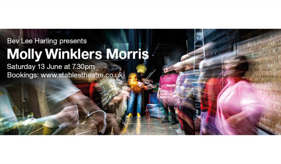 Poster for Molly Winklers Morris, showing a blurred group of performers in motion on stage, with event date and booking details.