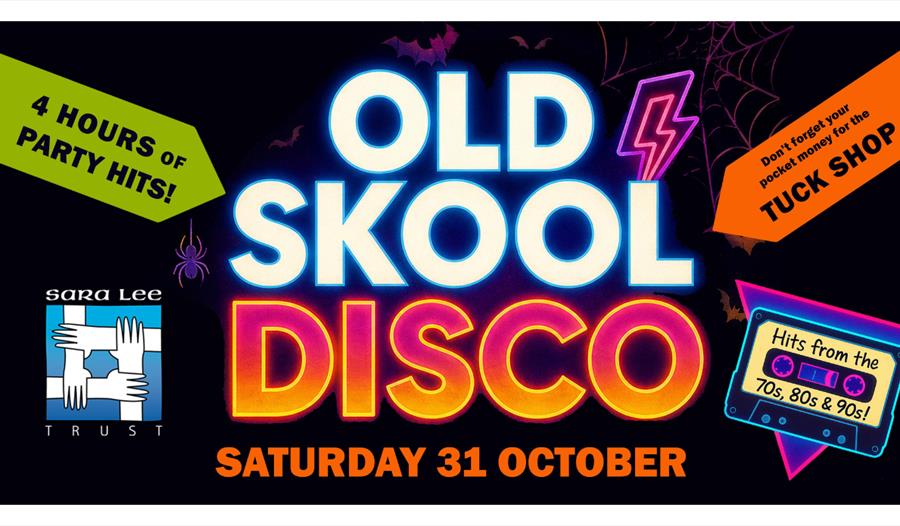 Poster for Old Skool Disco, featuring neon retro graphics, Halloween-themed decorations and 70s, 80s and 90s music.