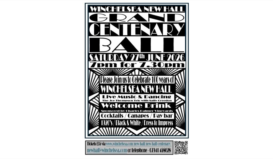 Art Deco–style poster promoting Winchelsea New Hall Grand Centenary Ball, with date, time, ticket details, and black-and-white design.